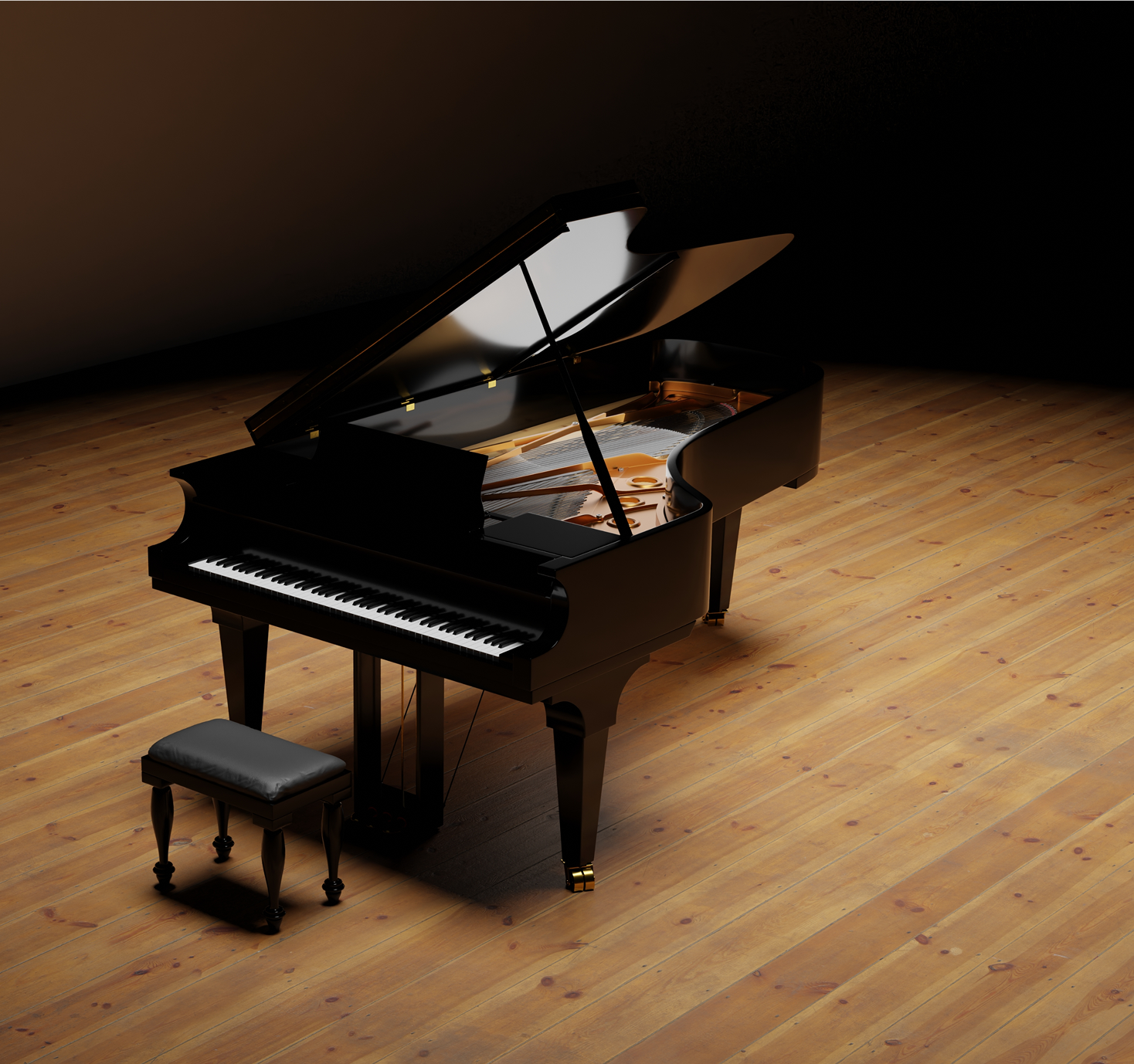 Grand piano on wooden floor